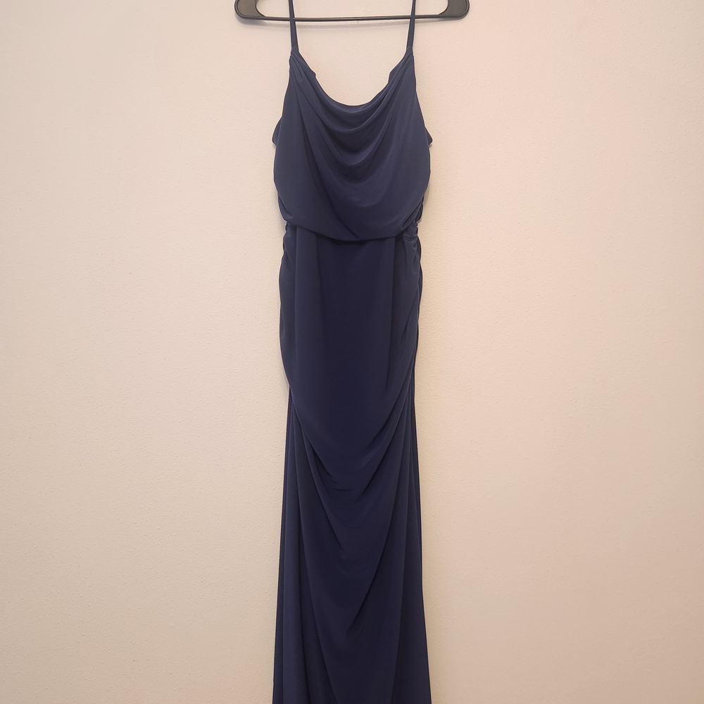 Draped Navy Maxi Slip Dress with Spaghetti Straps